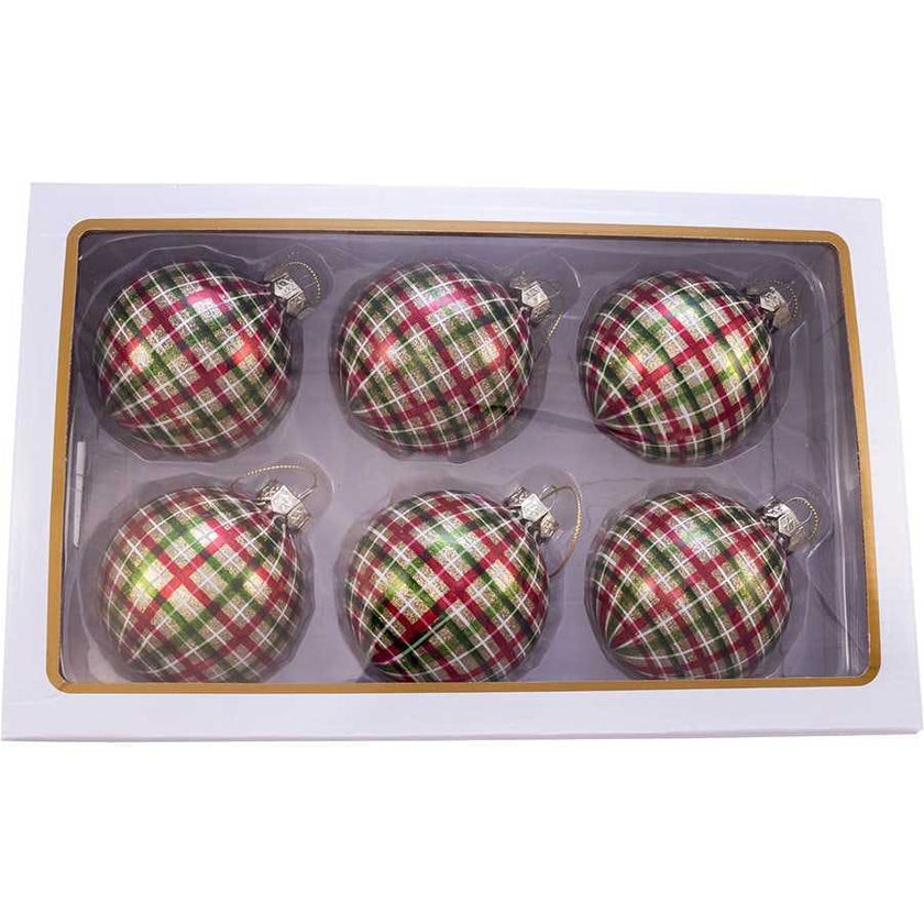 80MM Red and Green Plaid Glass Ball Ornaments