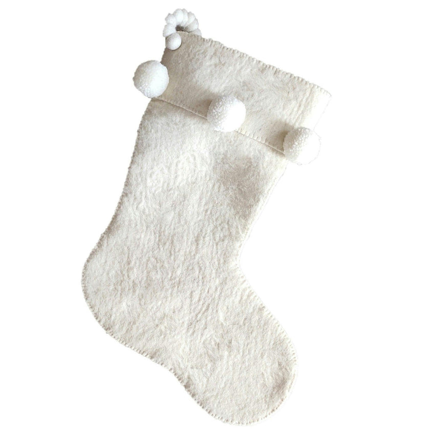 Cream Pom Pom Christmas Stocking Hand Felted Wool