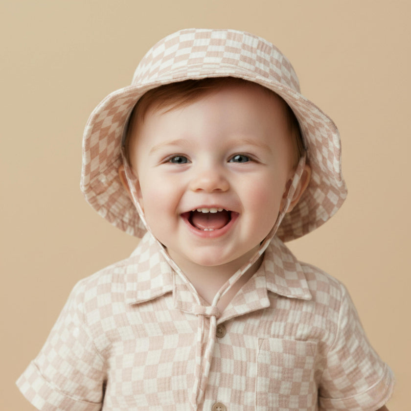 Organic Bucket Sun Hat - Brick Checks