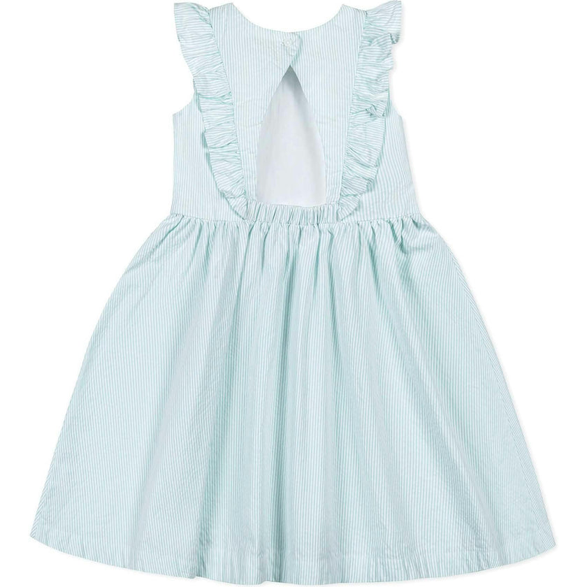 Organic Seersucker Flutter Sleeve Open Back Dress, Green