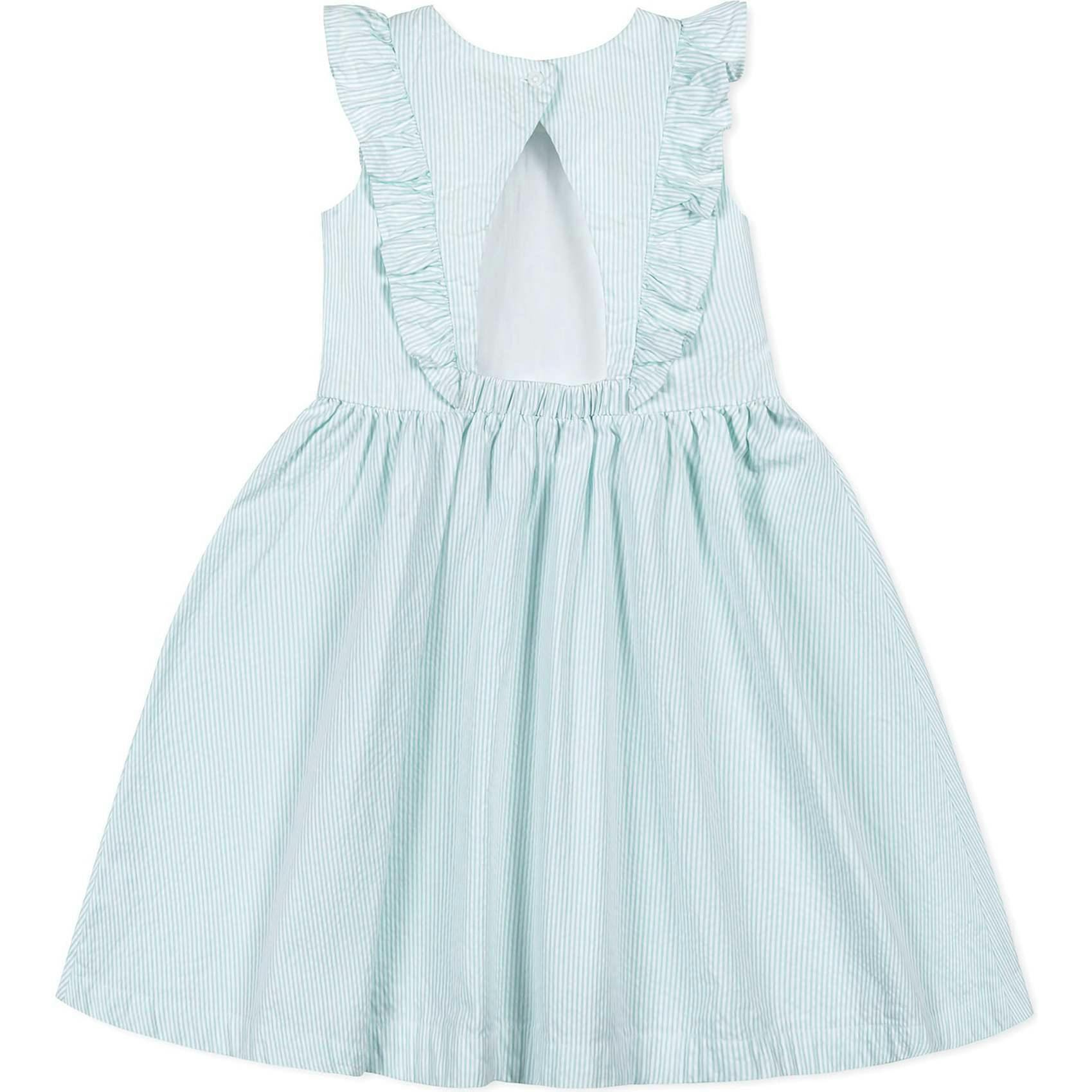 Organic Seersucker Flutter Sleeve Open Back Dress, Green