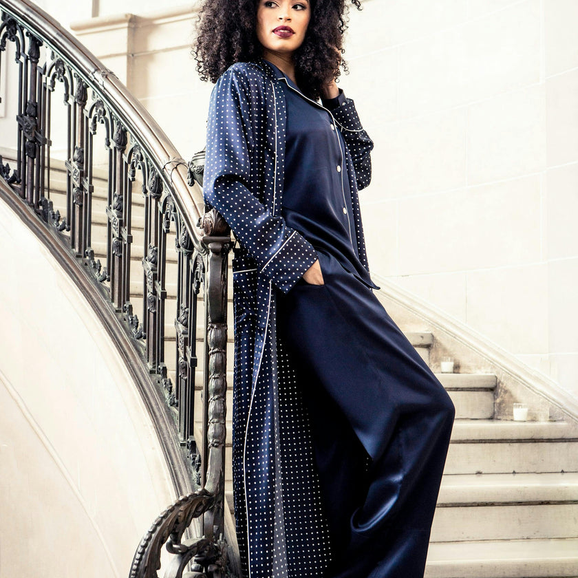 Women's Silk Pajama Set in Navy