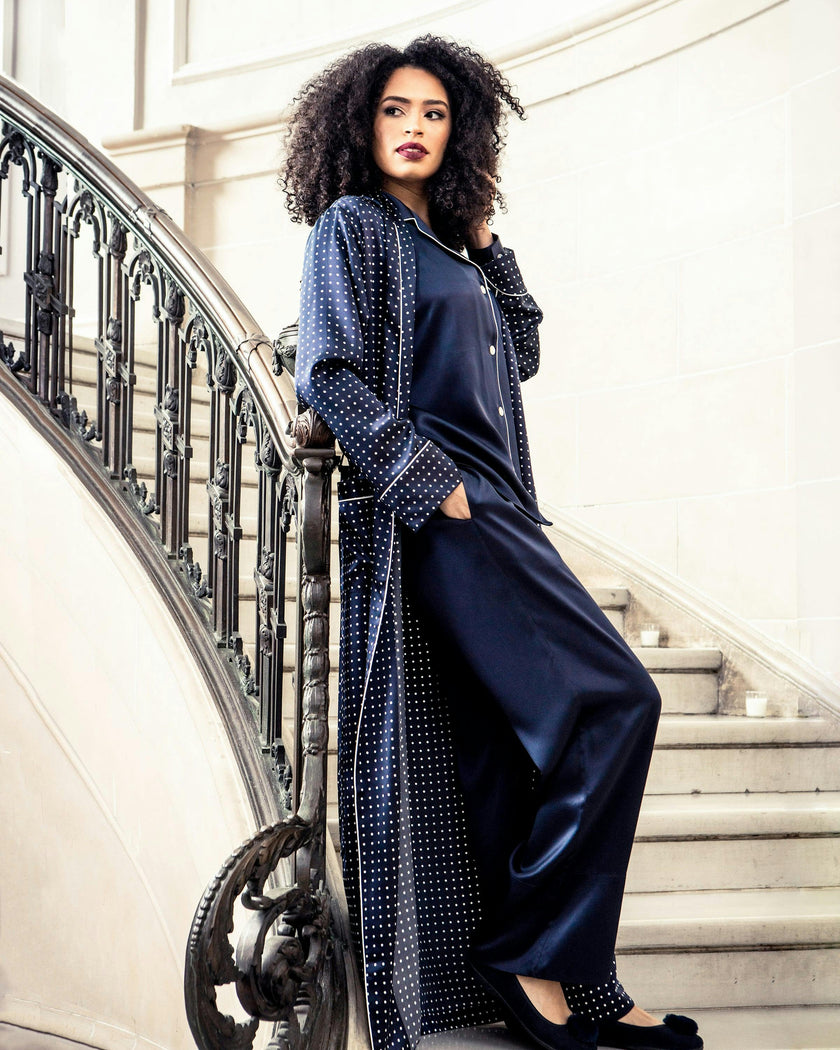 Women's Silk Pajama Set in Navy