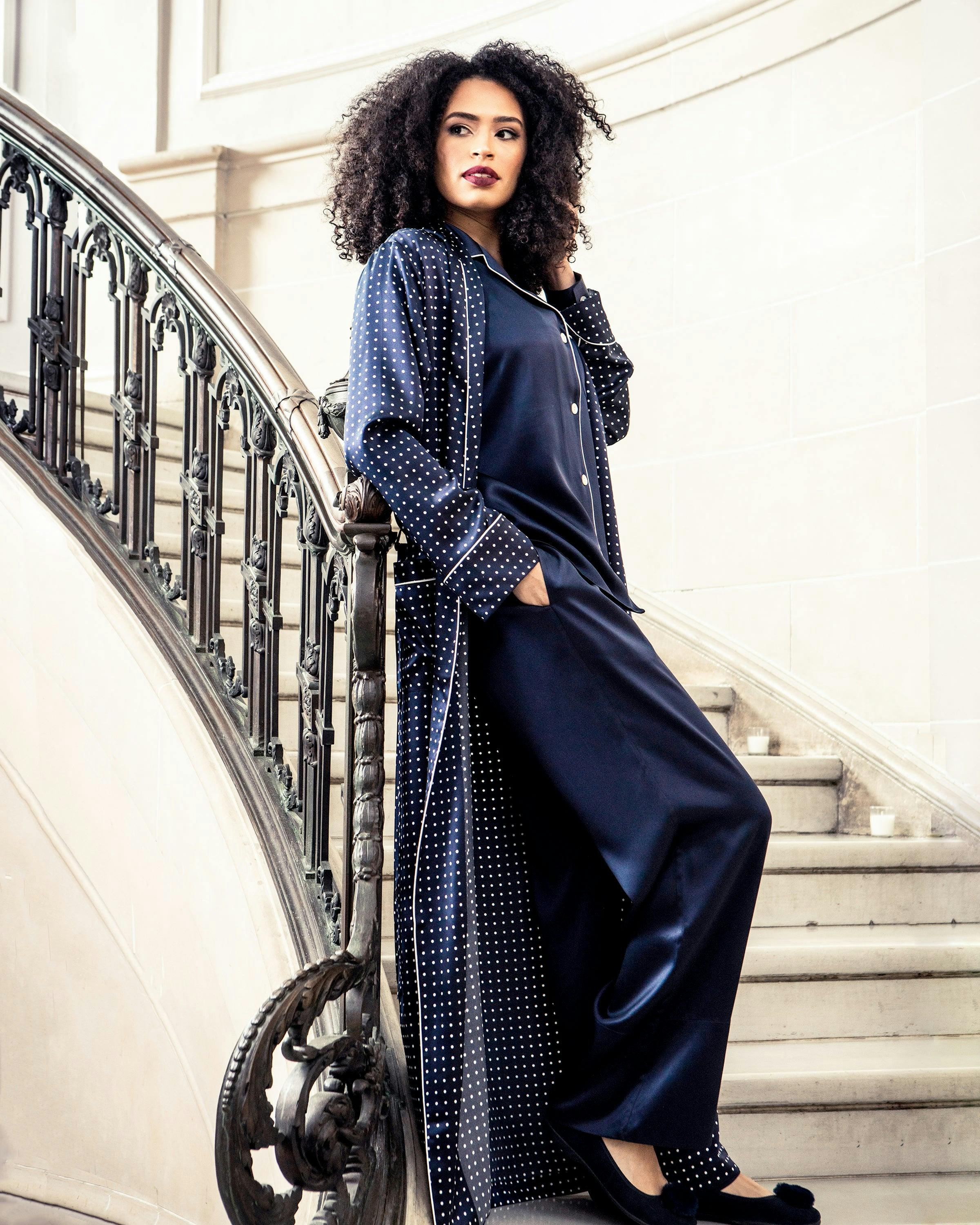 Women's Silk Pajama Set in Navy