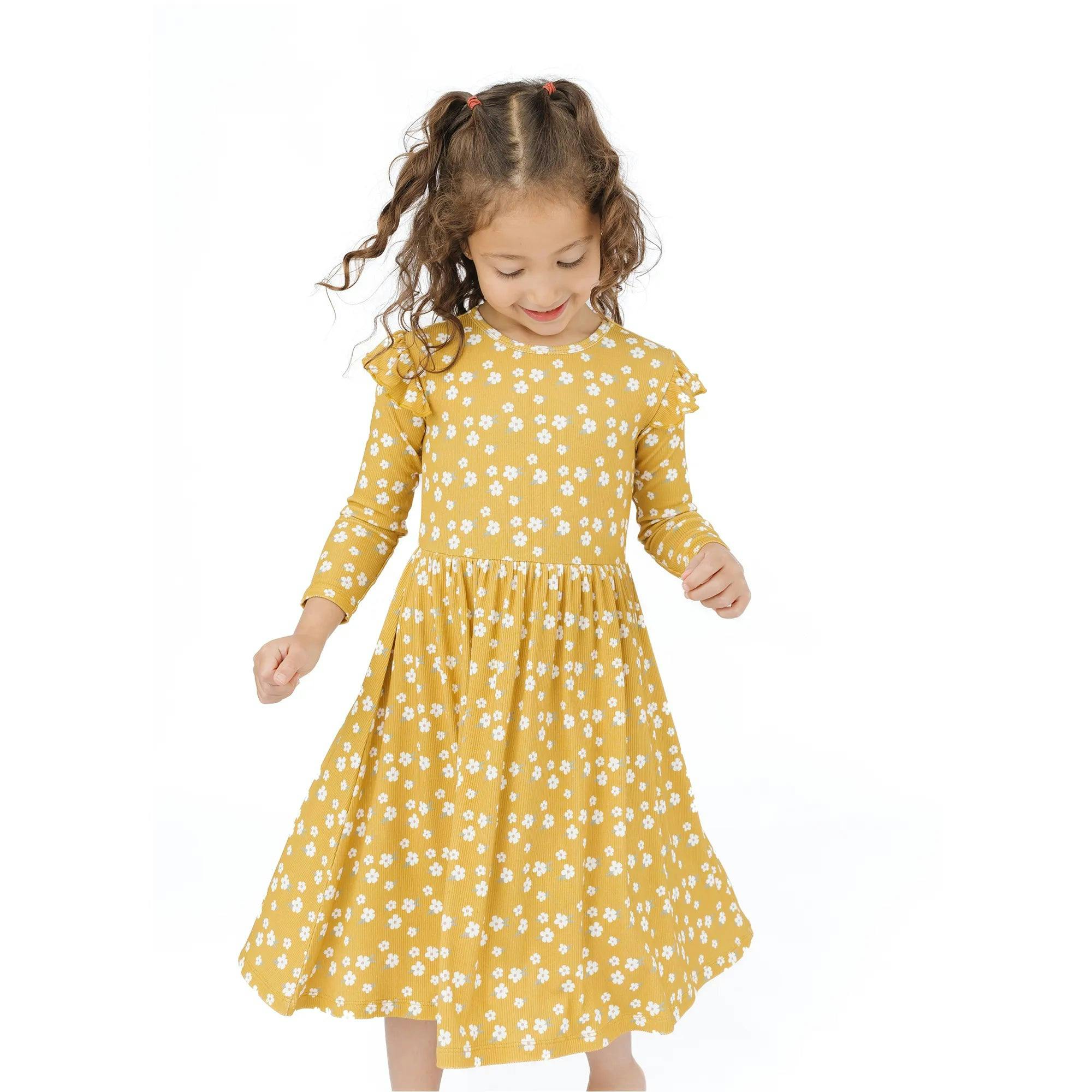 Golden Blooms Long Sleeve Ribbed Bamboo Twirl Dress