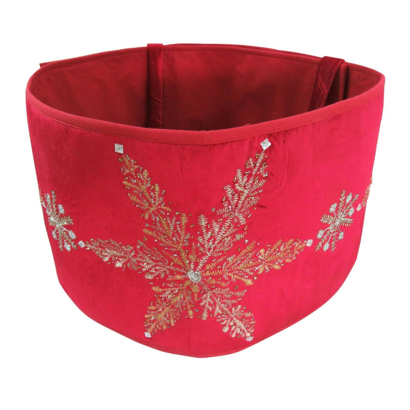 Handmade Adjustable Christmas Tree Collar - Silver Snowflakes Red Velvet Arcadia Home