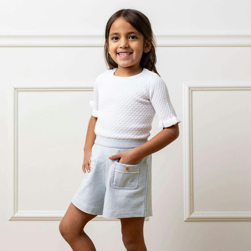 Organic Short Sleeve Ruffle Edge Sweater Knit Top, White