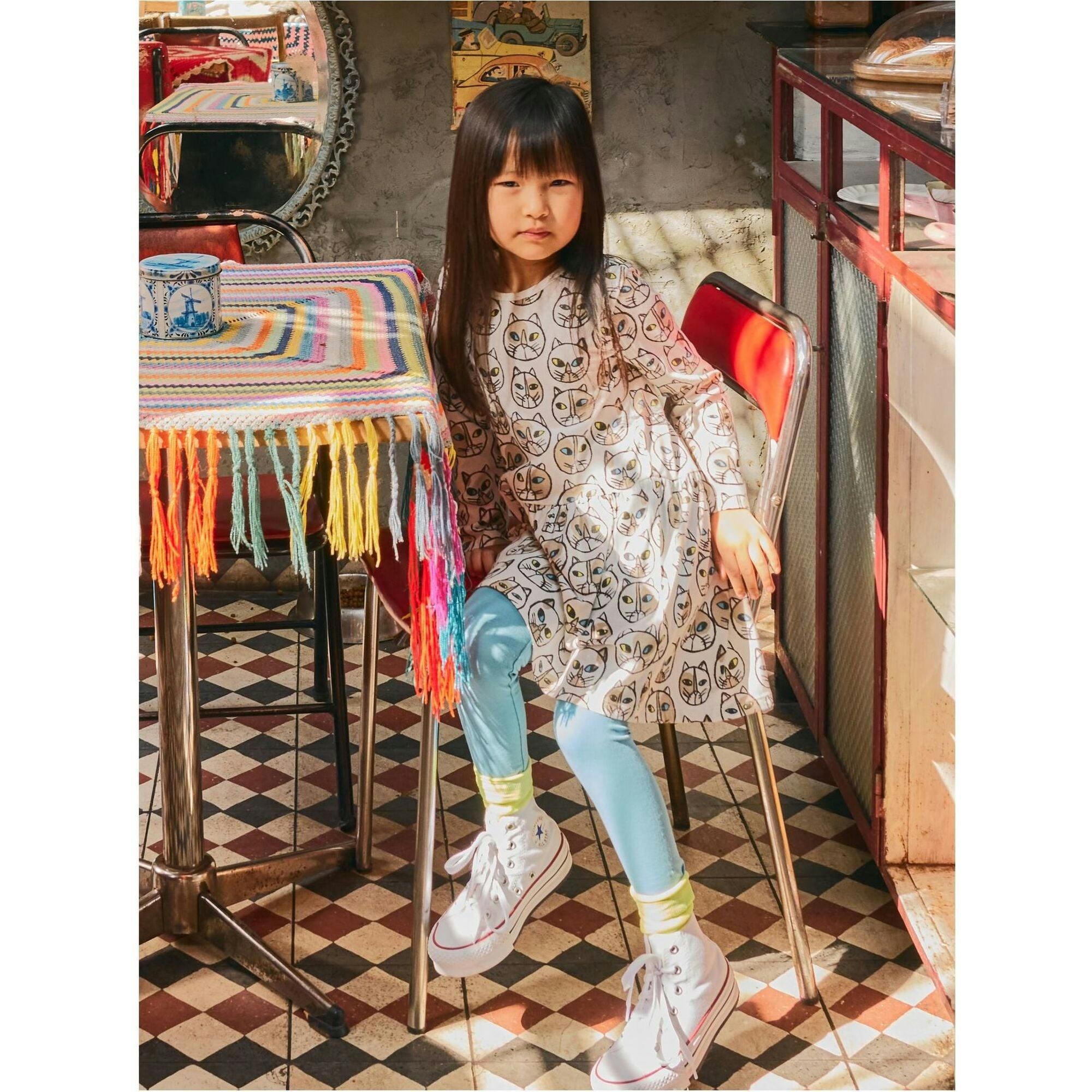 Crew Neck Long Sleeve Gathered Skirt Dress, Multi