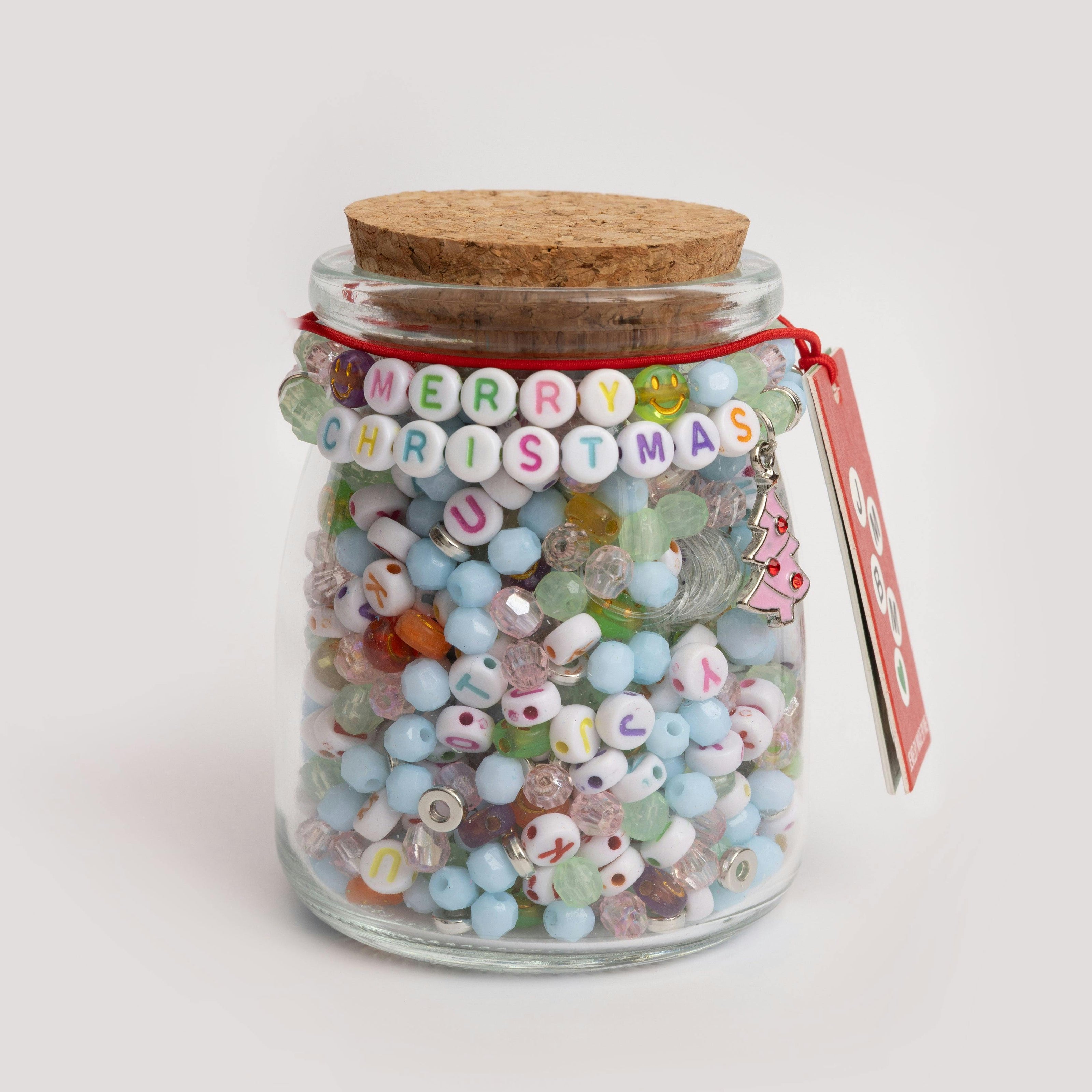 Multicolor Merry Christmas DIY Letter Bead Jar with Pink Christmas Tree Charm