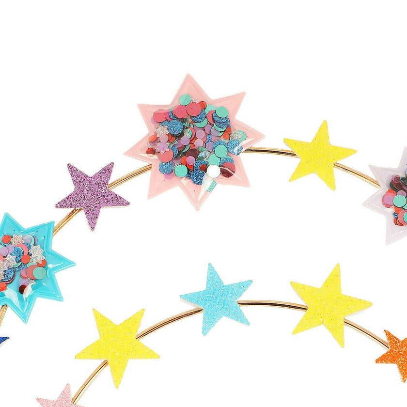 Packed Party Confetti Star Novelty Headband - Two-Tier Gold Metal Headband with Shakeable Confetti-Filled Vinyl Stars and Gold Glitter Accents, One Size