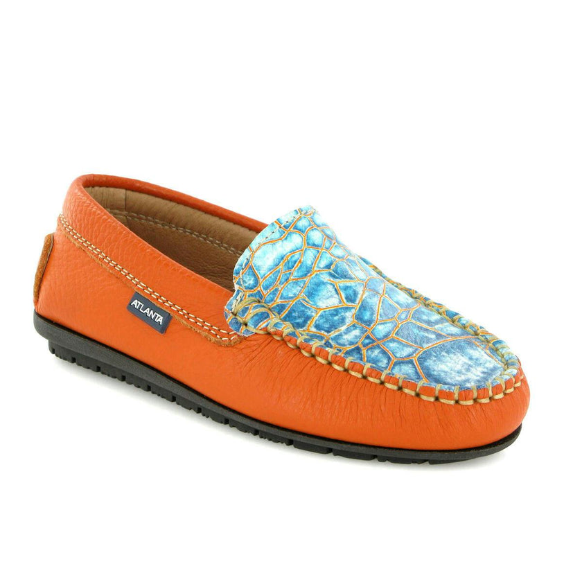 Grainy & Pirnted Leather Plain Moccasins, Orange & blue