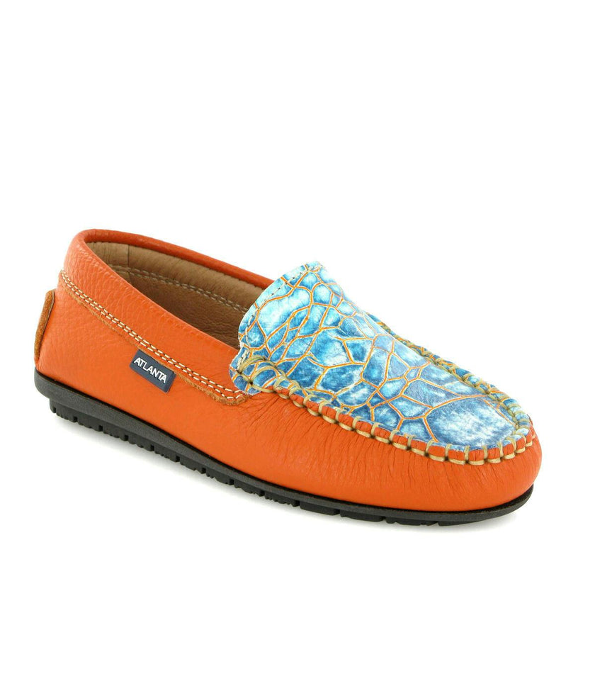 Grainy & Pirnted Leather Plain Moccasins, Orange & blue