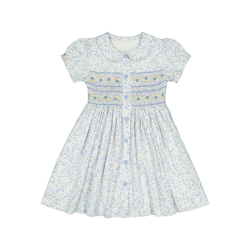 Violette Floral Blue Short Puff Smocked Dress