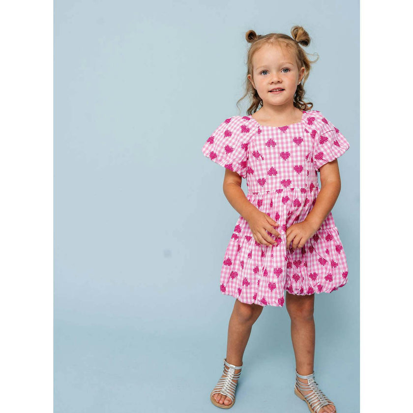 Pink Gingham Hearts Embroidery Girls Daphne Dress