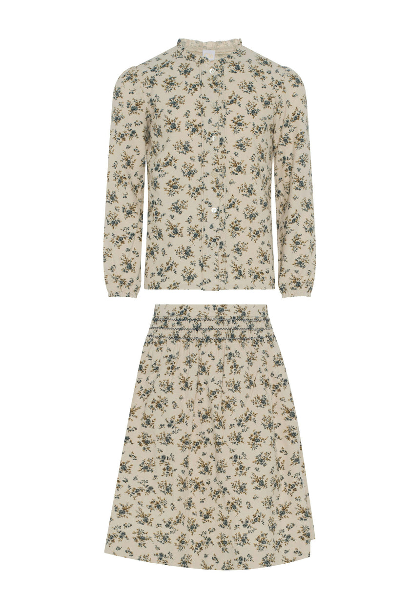 Flower Print Lace Button Front Floral Skirt and Top Two Piece Set