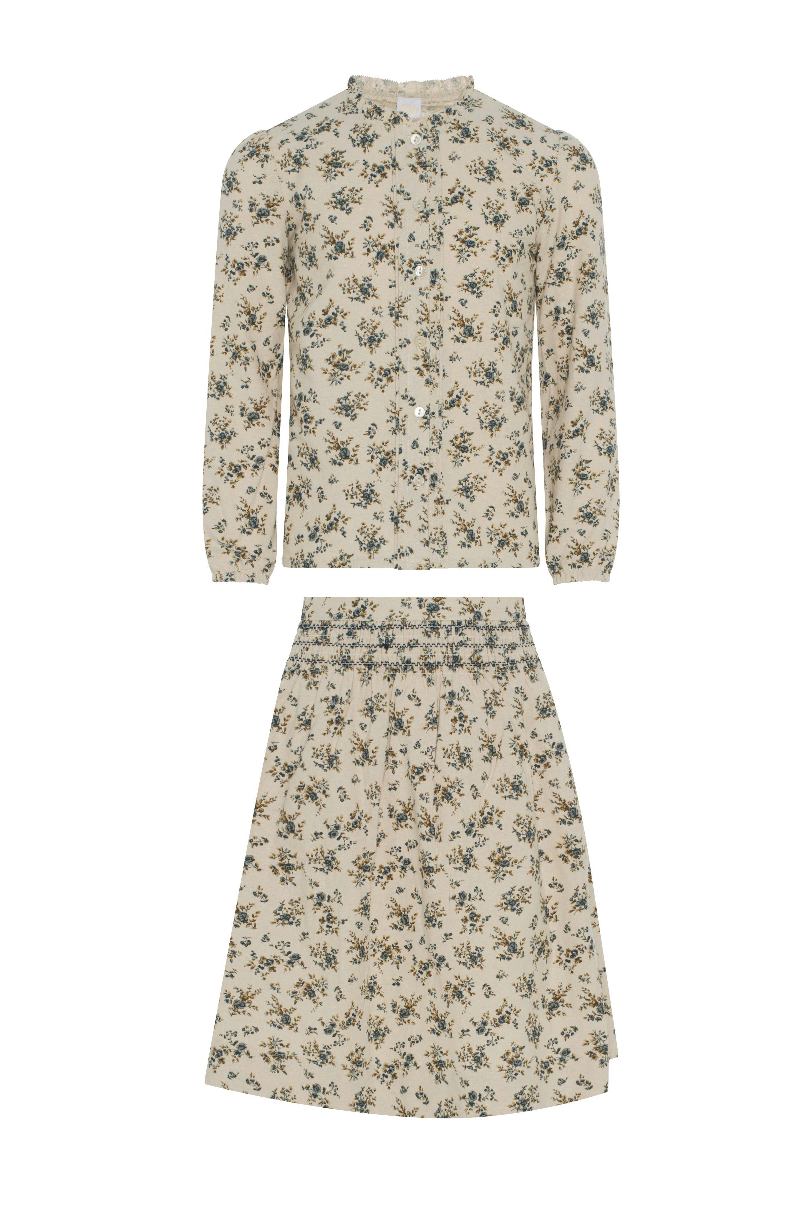 Flower Print Lace Button Front Floral Skirt and Top Two Piece Set