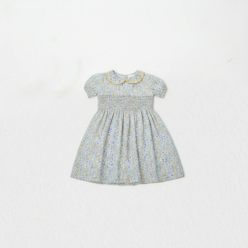 Eva Baby Dress Smock Short Sleeve, Yellow Blue Flowery