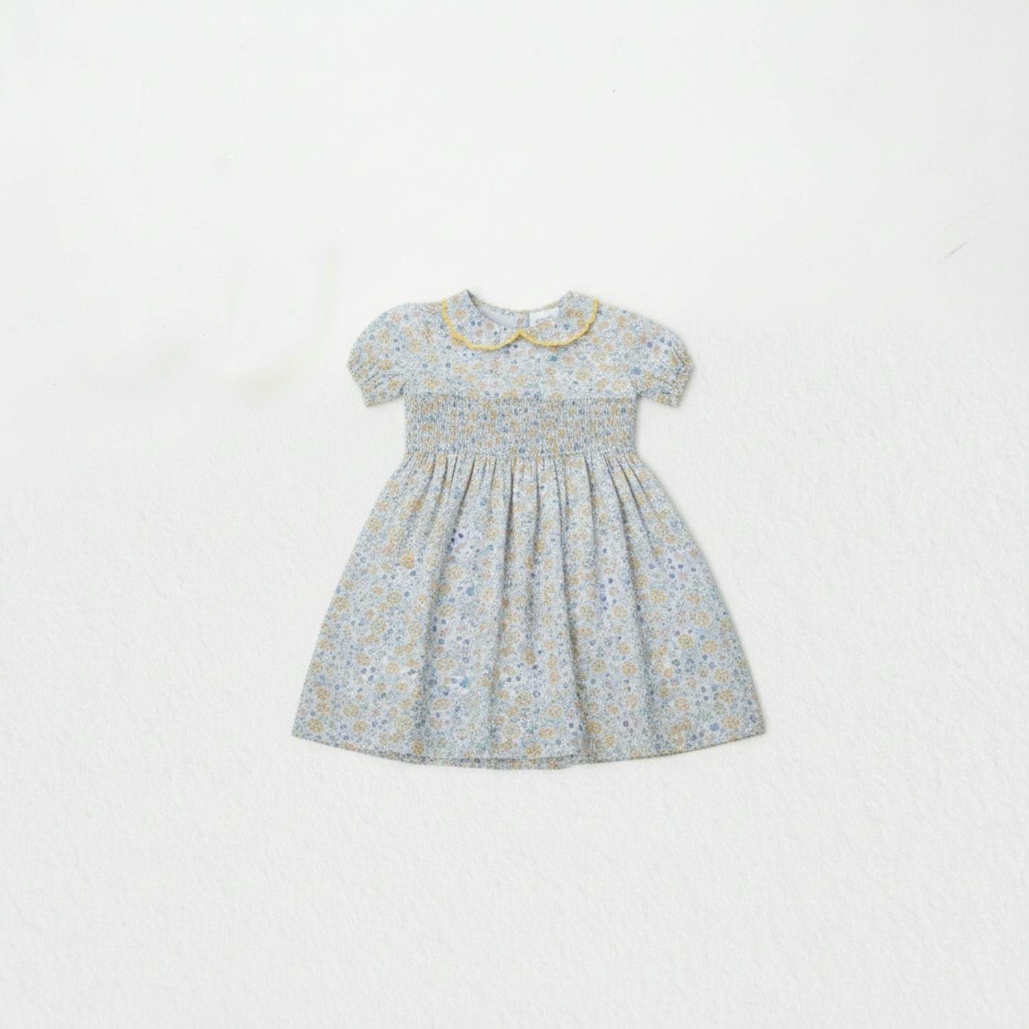 Eva Baby Dress Smock Short Sleeve, Yellow Blue Flowery