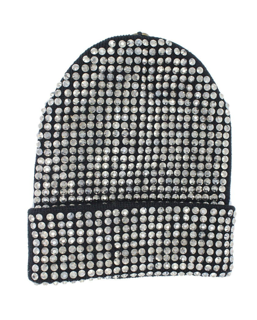 Studded Crystal Faux Fur Pom Pom Beanie