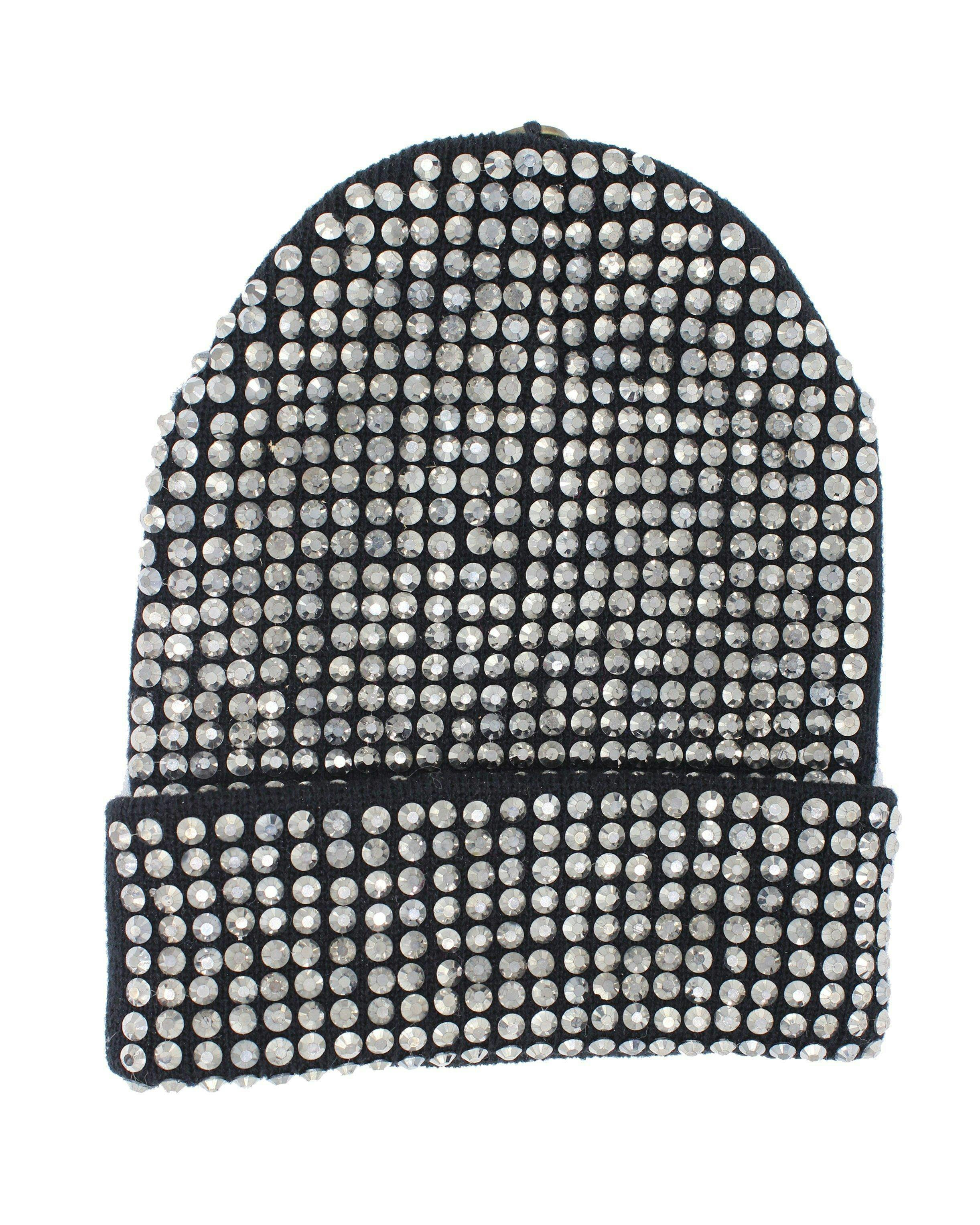 Studded Crystal Faux Fur Pom Pom Beanie