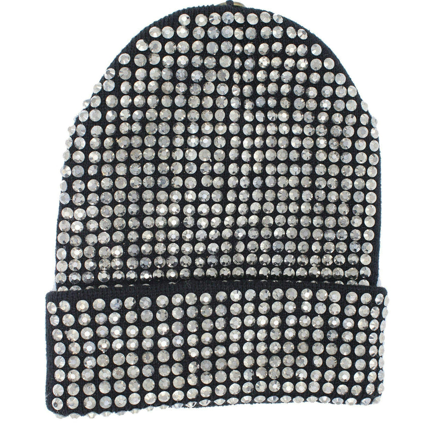 Studded Crystal Faux Fur Pom Pom Beanie