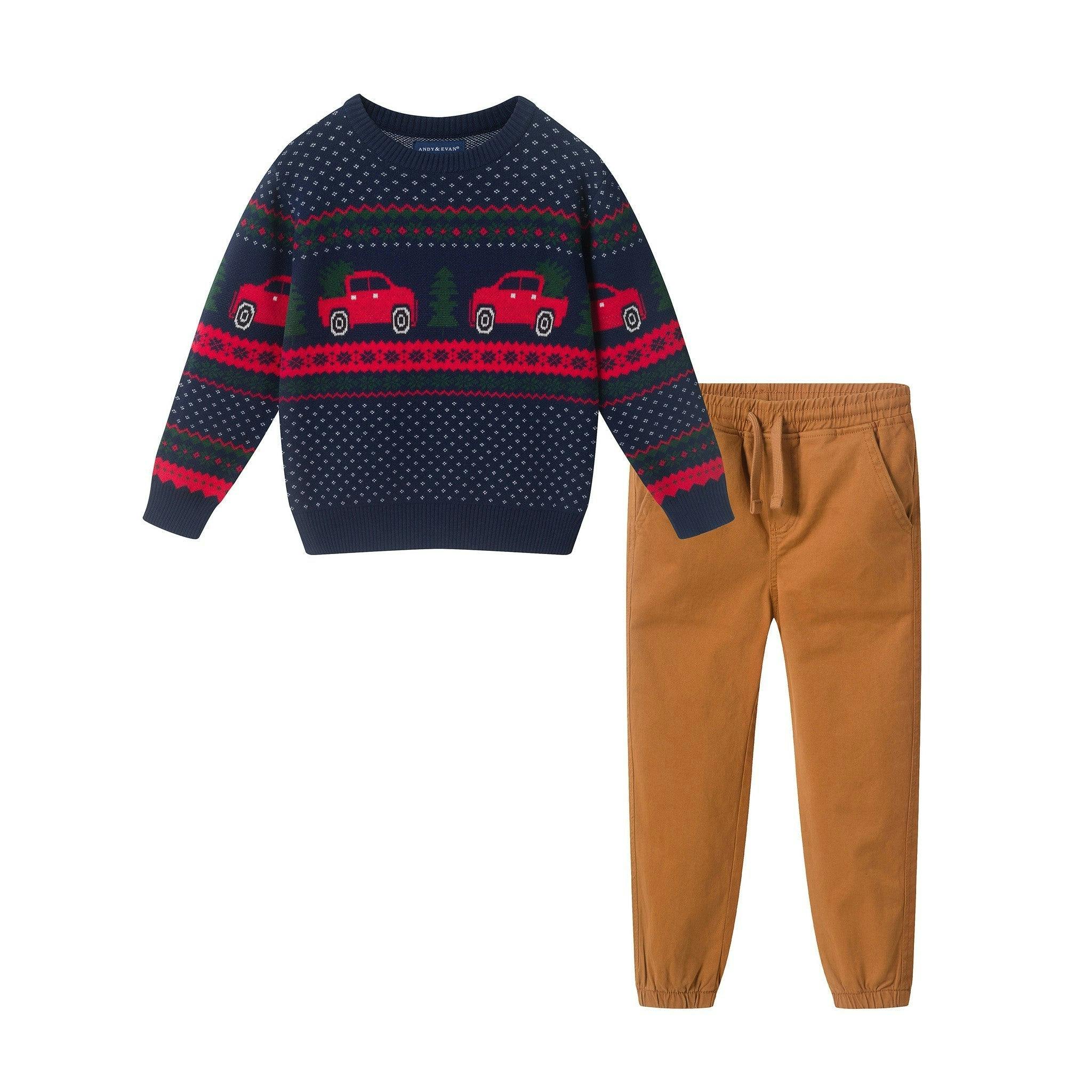 Boys Sweater & Jogger Set | Christmas Tree Trucks - Navy