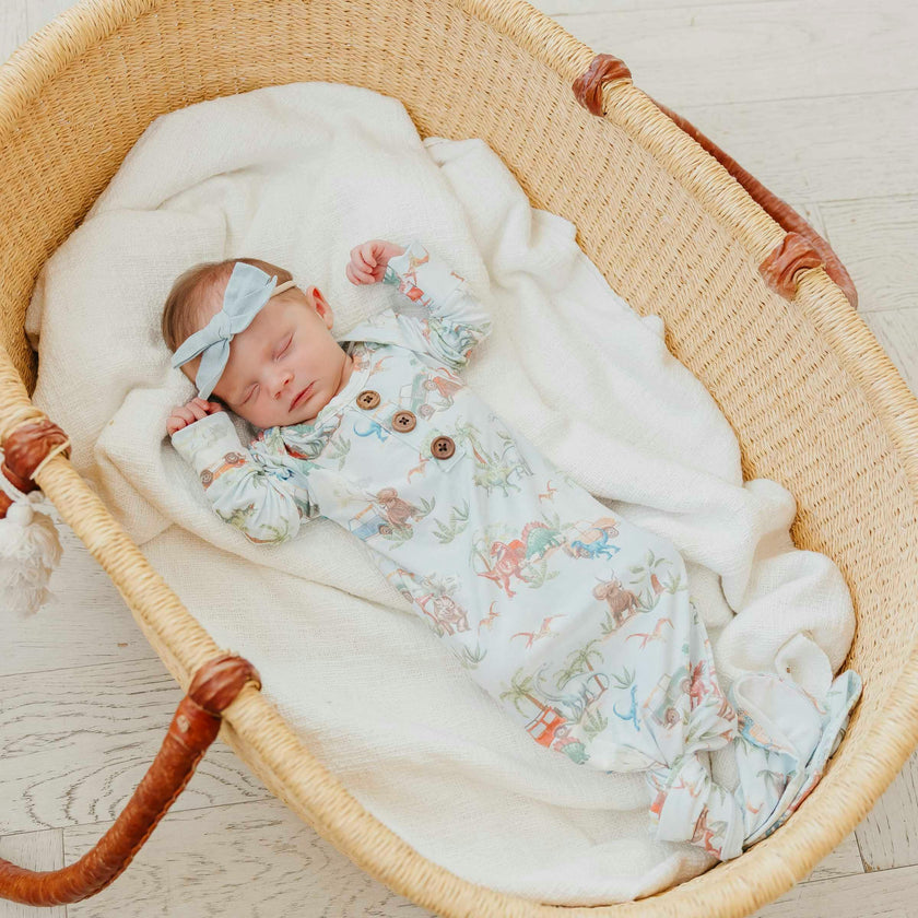 Newborn Wood Button Knotted Gown - Dino Explorer