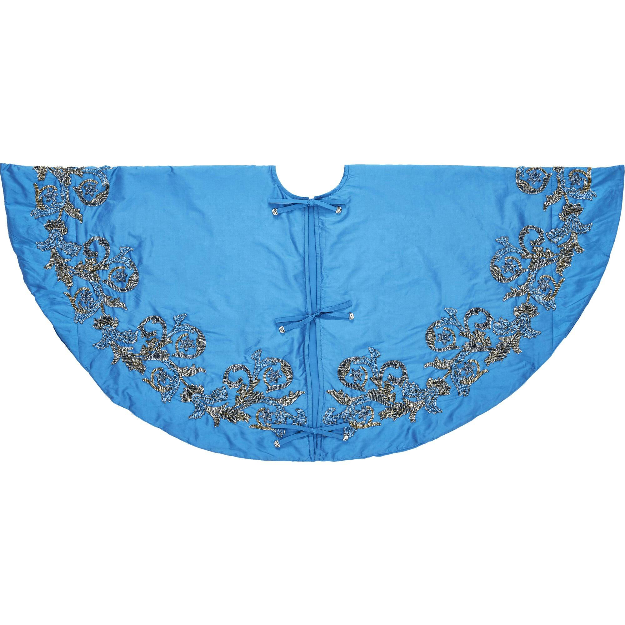 Imperial Blue Hand Beaded Christmas Tree Skirt on Blue Silk