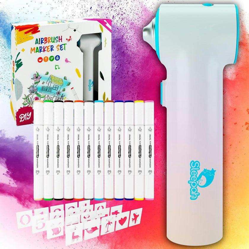 Air Brush Marker Set for Kids Includes 12 Washable Markers 20 Stencils Gift for Ages 5 6 7 8 9 Years Old - Great Arts & Crafts Set