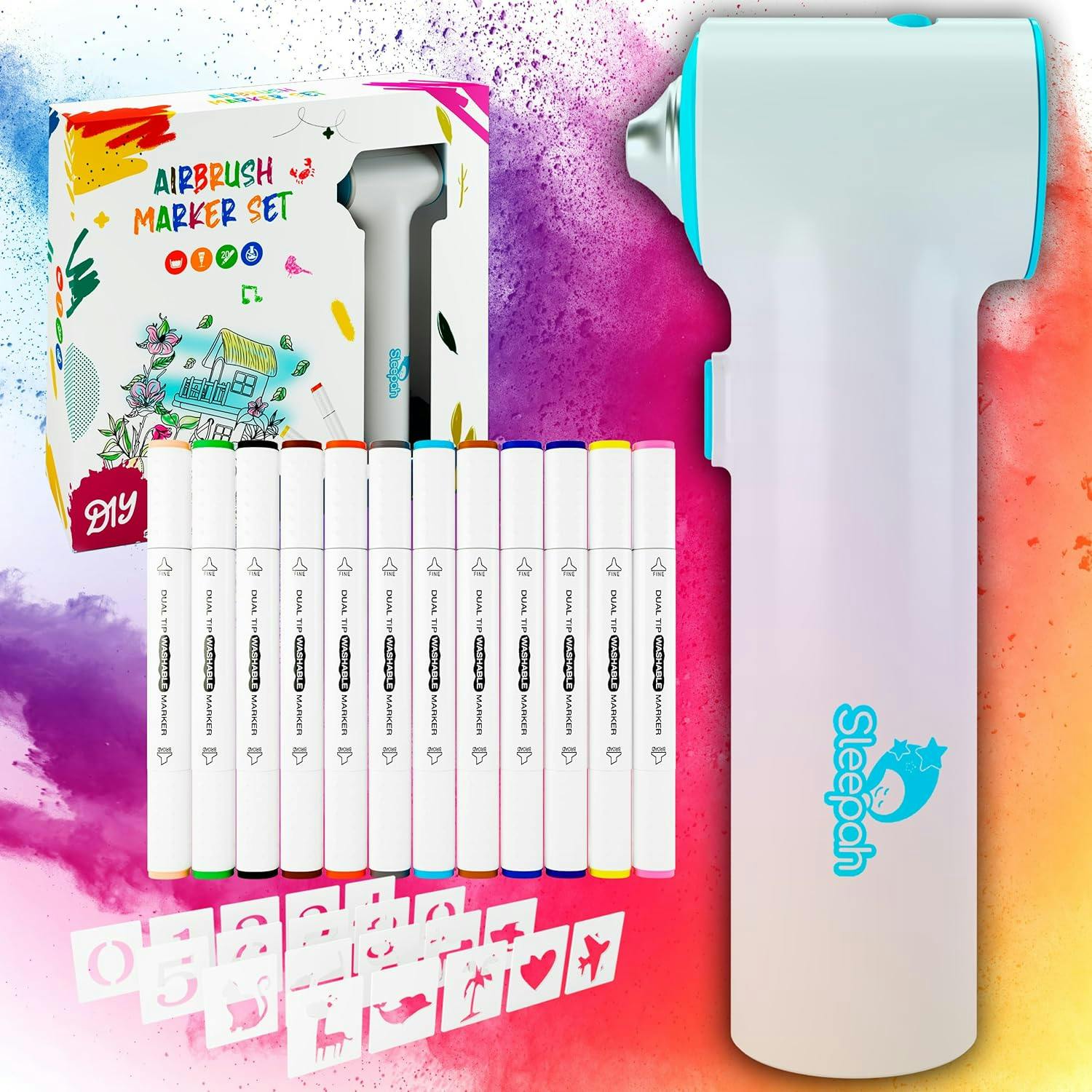 Air Brush Marker Set for Kids Includes 12 Washable Markers 20 Stencils Gift for Ages 5 6 7 8 9 Years Old - Great Arts & Crafts Set