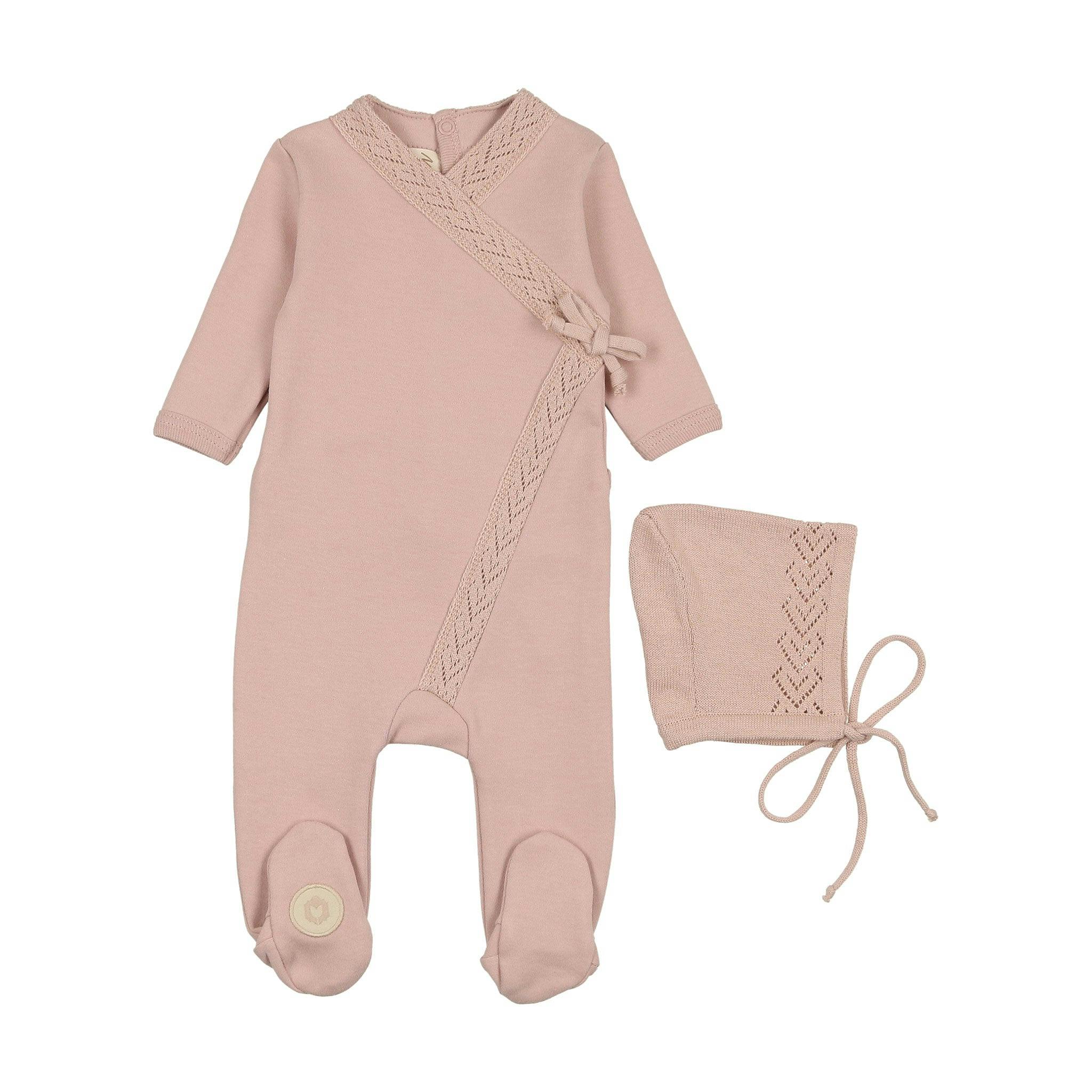 Knit Twist Footie & Hat Set Rose Smoke