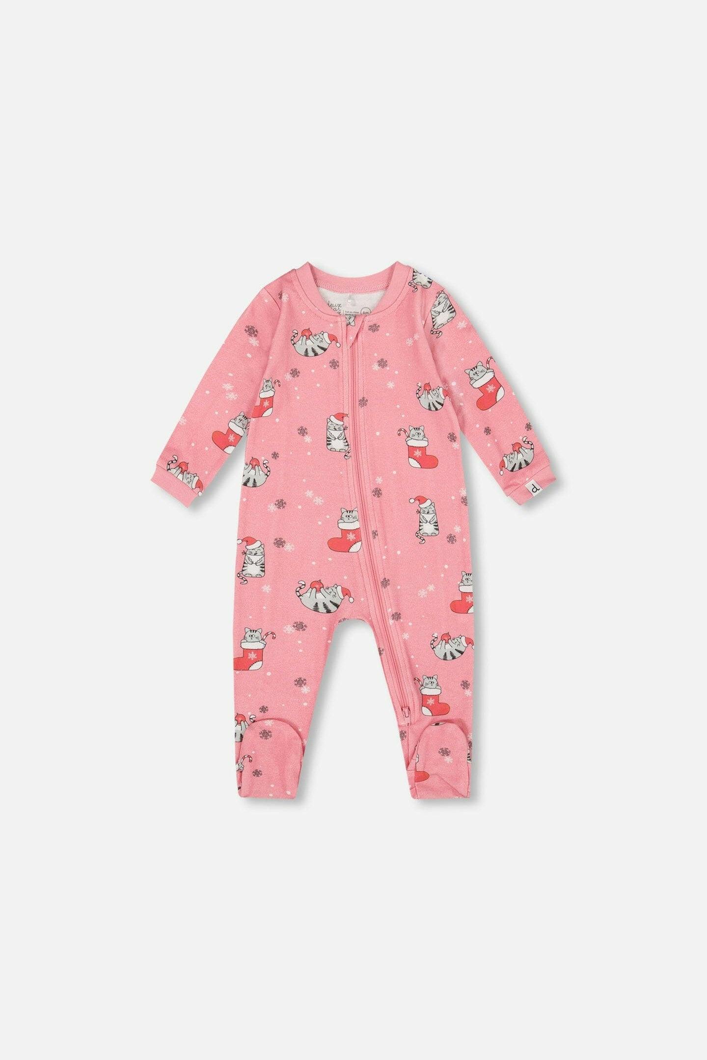 One-Piece Organic Cotton Pajama Pink Cat Print