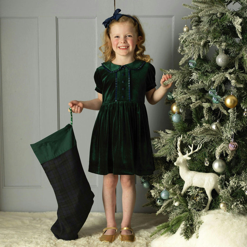 Green Velvet Tartan Trim Dress