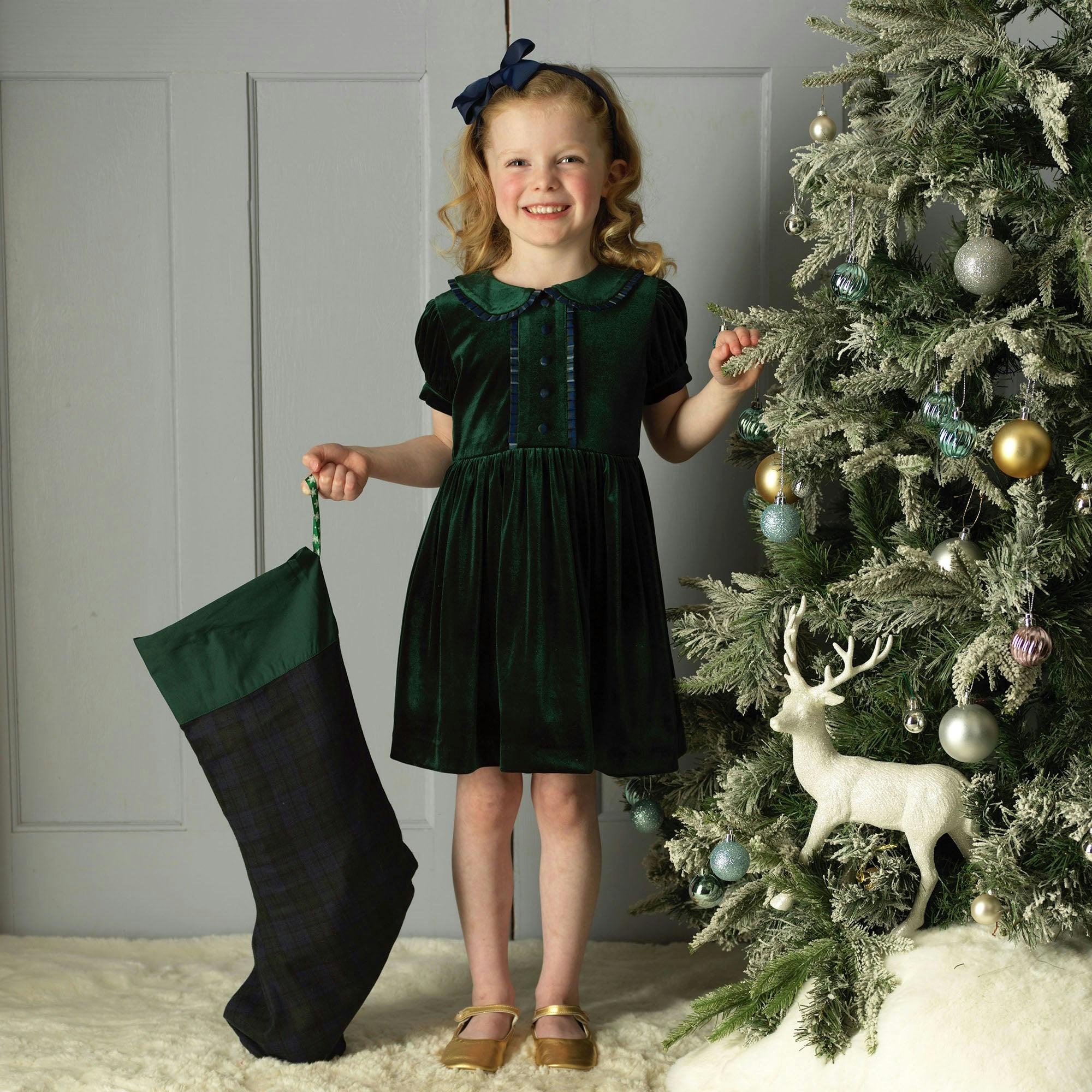 Green Velvet Tartan Trim Dress