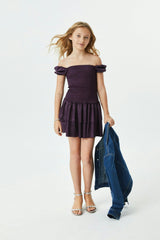 Lexi Aubergine Satin Smocked Short Sleeve Ruffle Dress