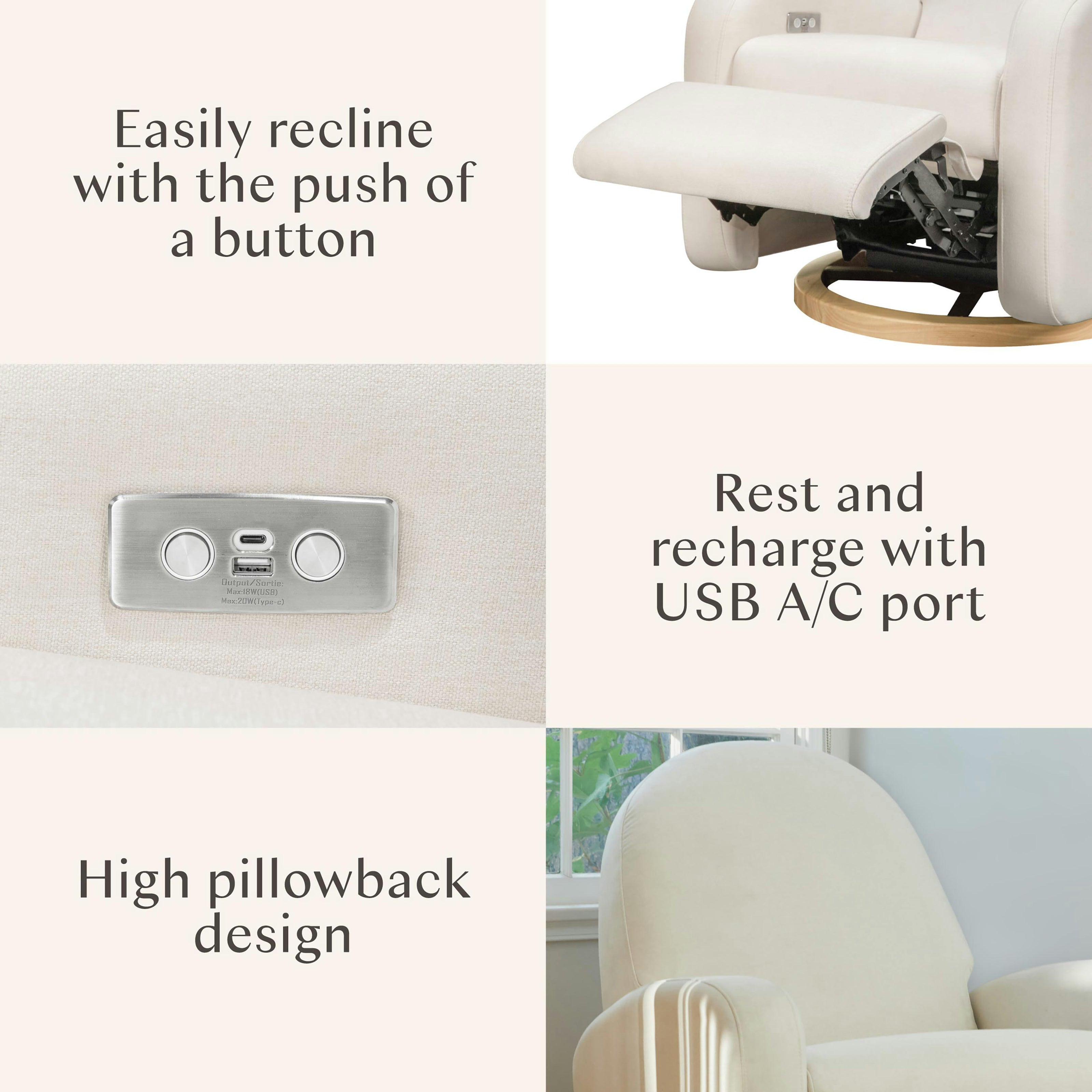 Nami Glider Recliner w/ Electronic Control and USB in Performance Cream Eco-Weave w/Light wood base