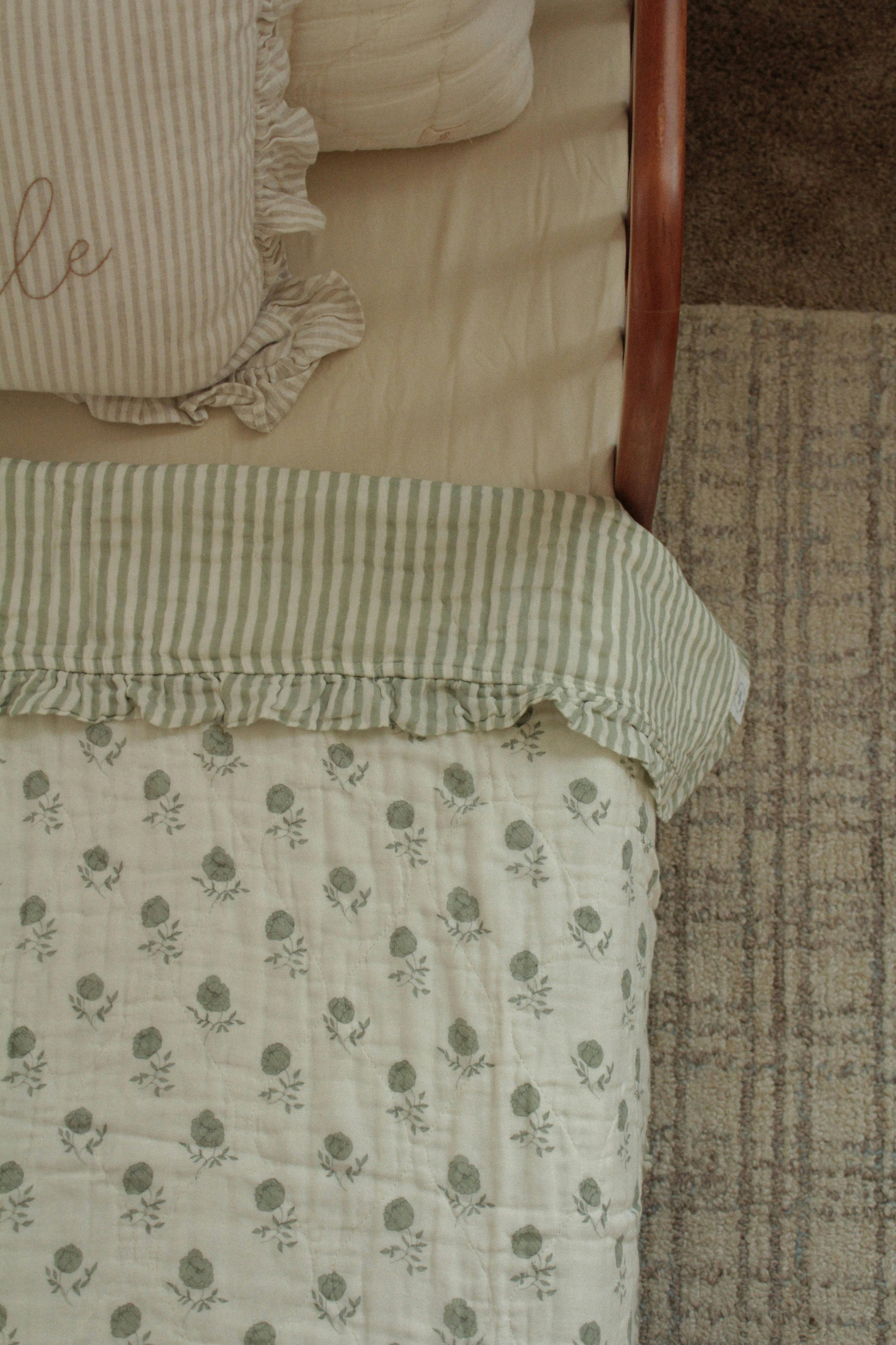 Elle Green Floral Ruffle Quilt 6 Layer Gauze Blanket