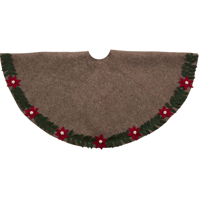 Handmade Felt Poinsettia Border Gray Christmas Tree Skirt 60"