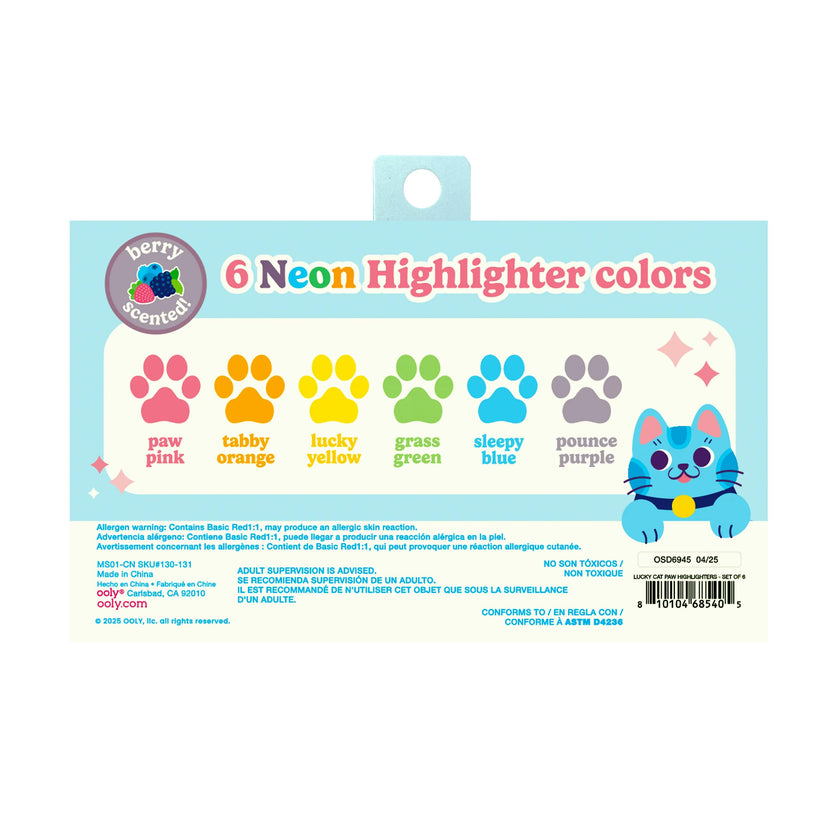 Lucky Cat Paw Scented Neon Highlighters - Set of 6