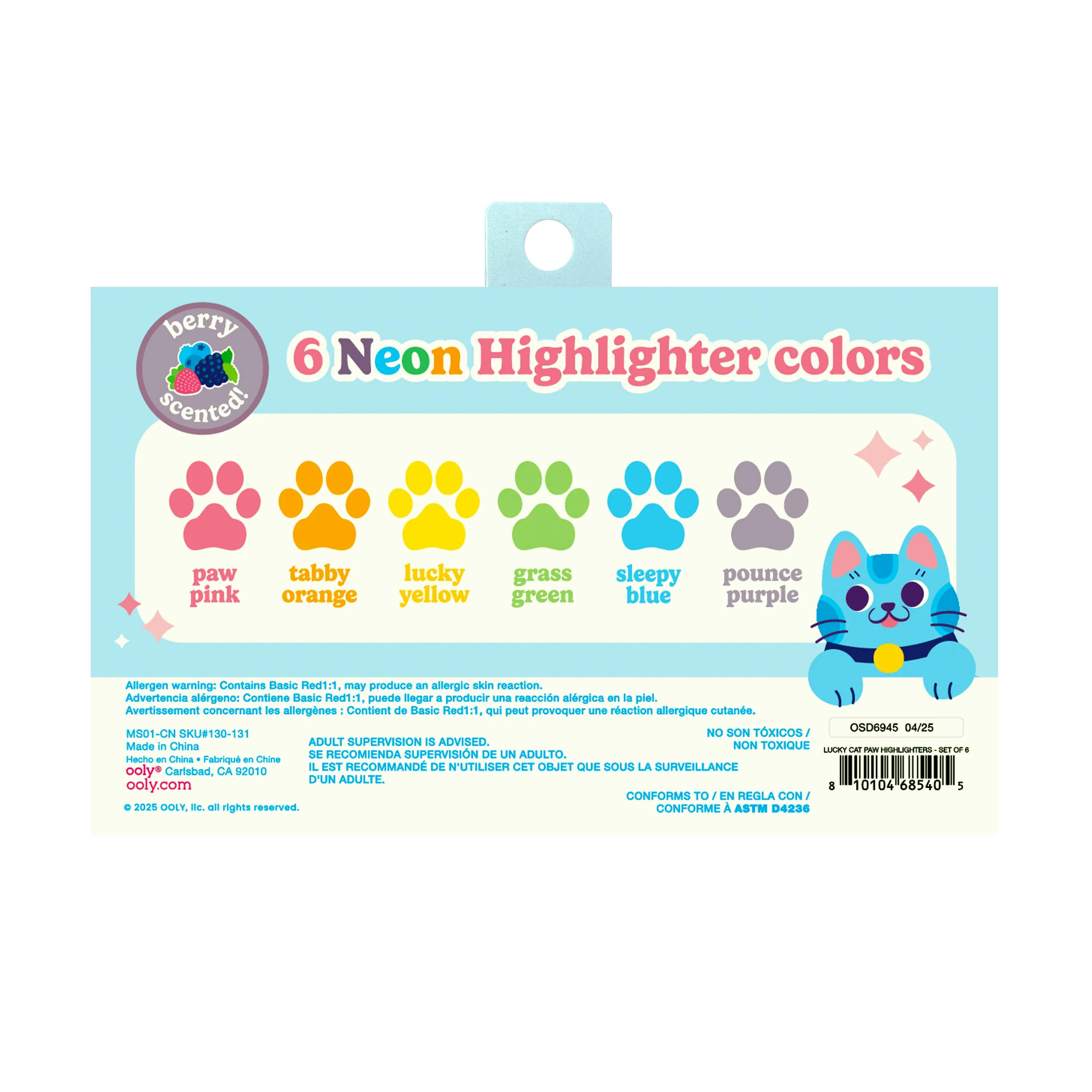 Lucky Cat Paw Scented Neon Highlighters - Set of 6