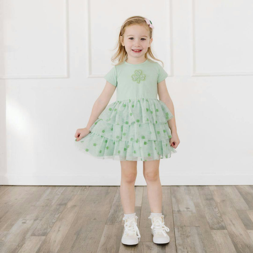 Flocked Shamrock St. Patrick's Day Tiered Short Sleeve Tutu Dress