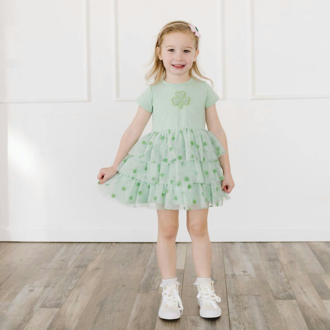 Flocked Shamrock St. Patrick's Day Tiered Short Sleeve Tutu Dress