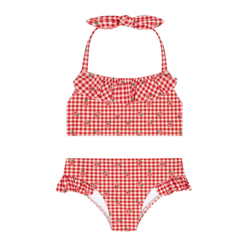 girls cranberry gingham halter scoop neck bikini