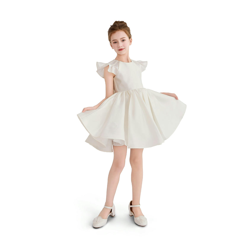 White Maravelle Satin Flutter-Sleeve Dress