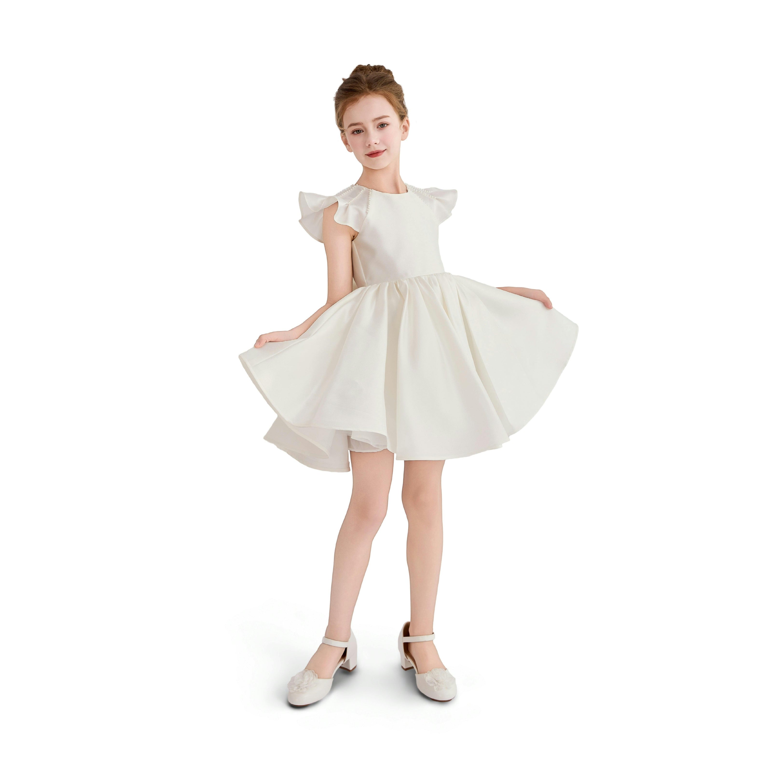 White Maravelle Satin Flutter-Sleeve Dress
