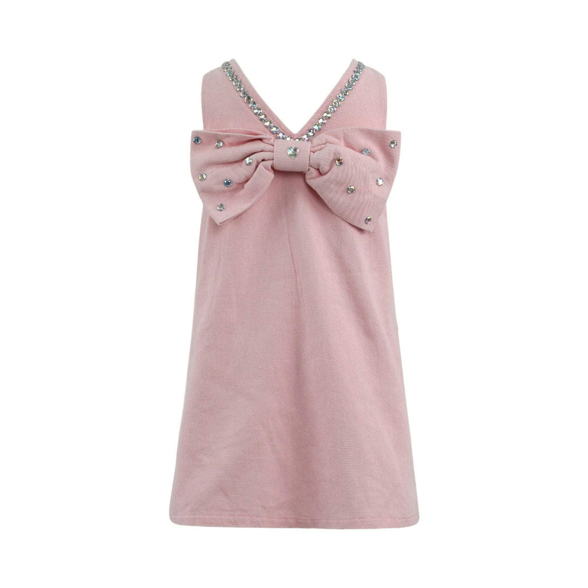 Pink Crystal Heart Denim Bow Dress