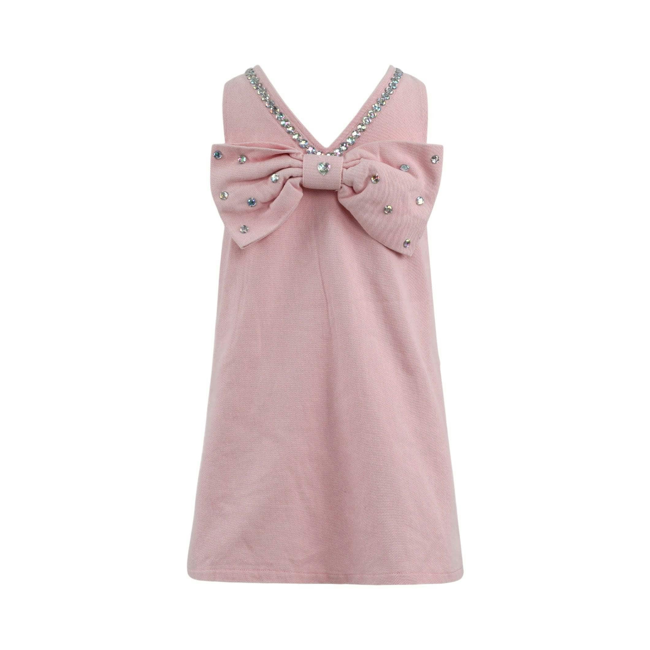 Pink Crystal Heart Denim Bow Dress