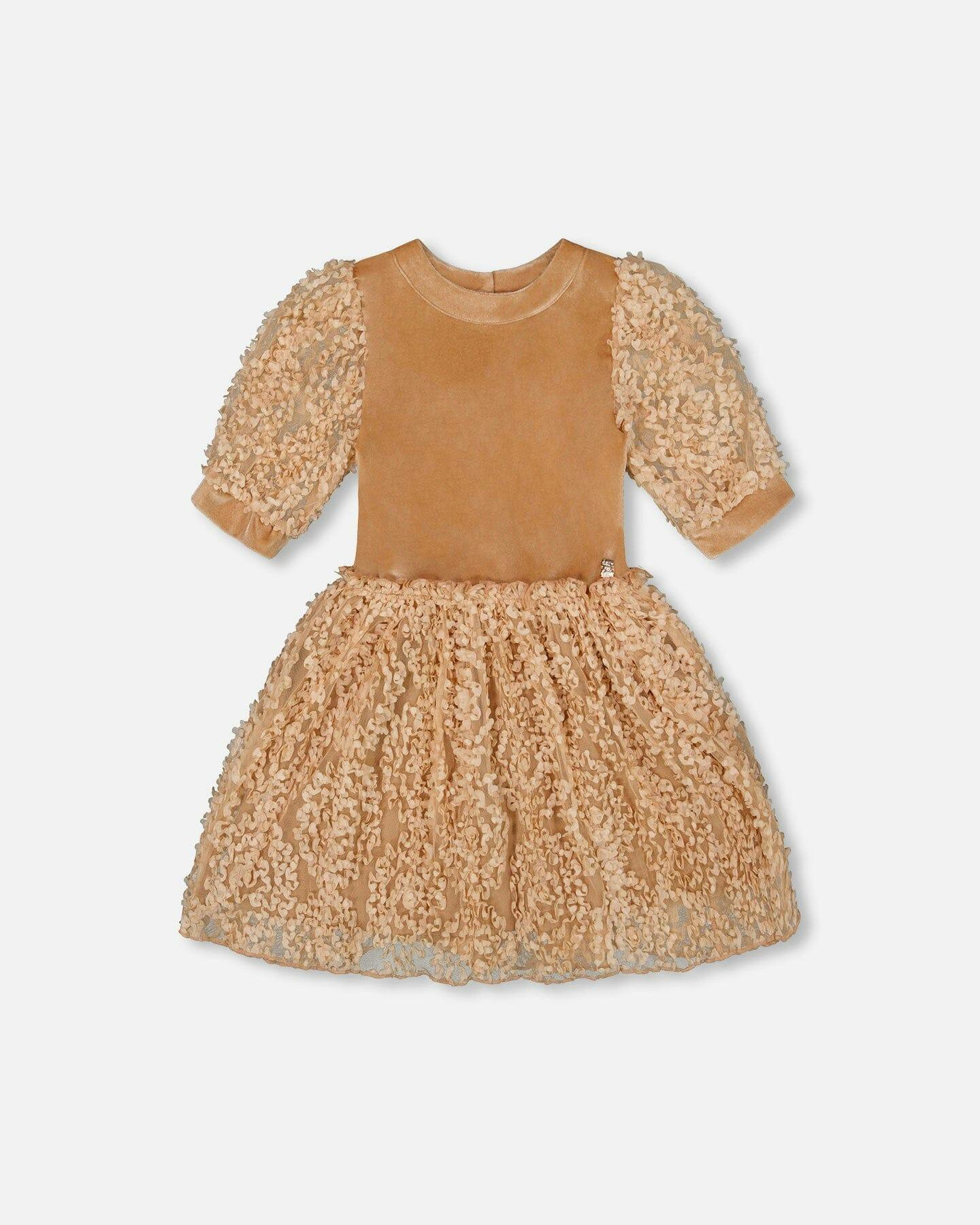 Puff Sleeve Bi-Material Velour and Lace Dress