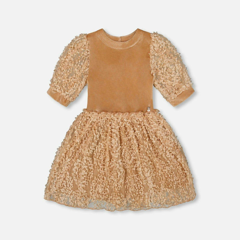 Puff Sleeve Bi-Material Velour and Lace Dress