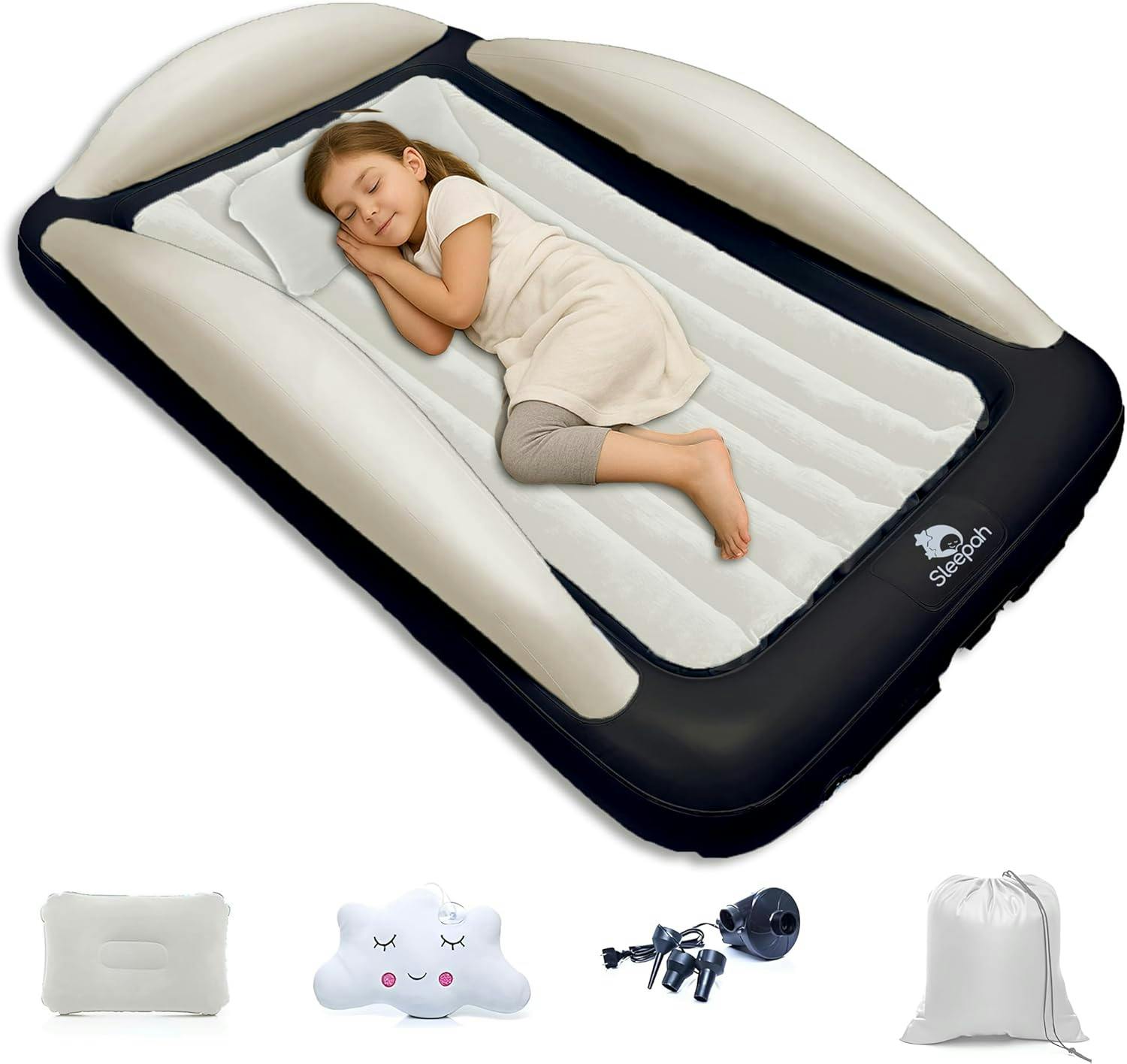 Inflatable Toddler Travel Bed – Kids Blow Up Air Mattress + Safety Bumpers